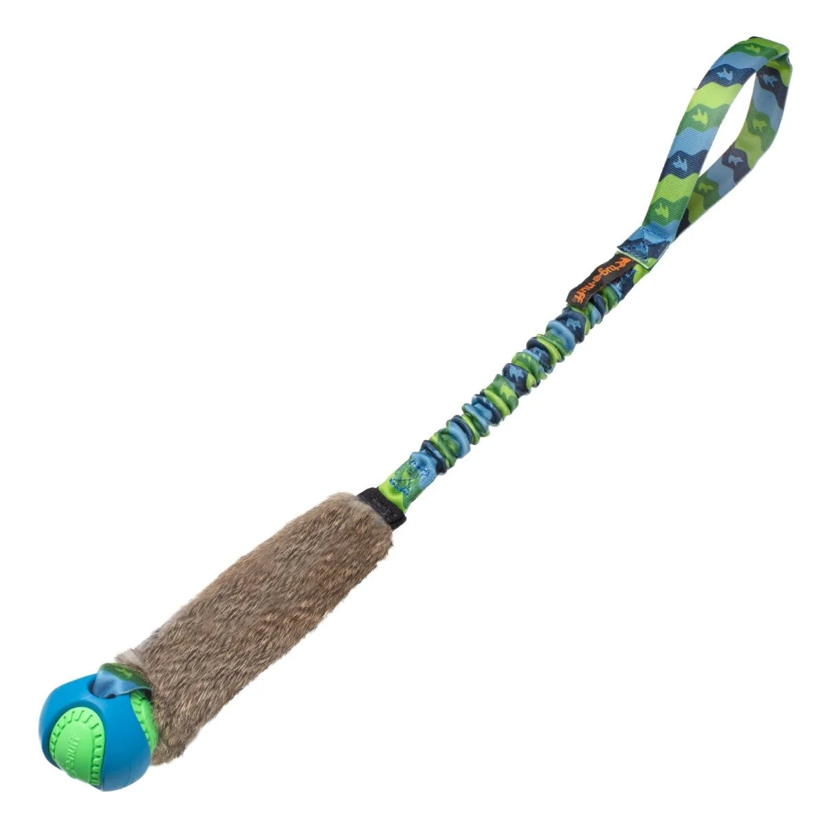 Green‑handled Wondabunny PowerBall Bungee featuring a soft rabbit‑fur bite zone, dual‑texture PowerBall, and shock‑absorbing bungee handle built for high‑energy dogs who love versatile play