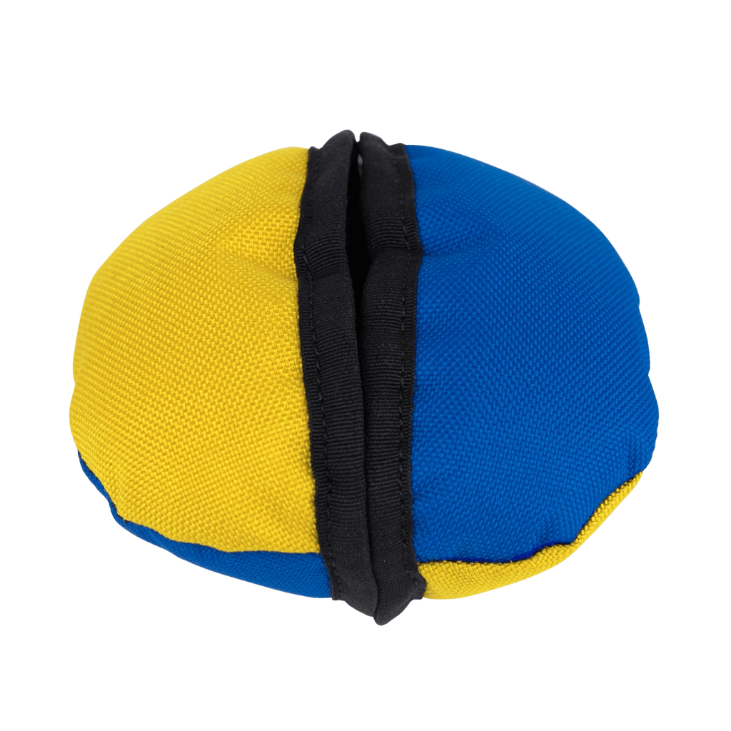 Yellow & Blue clam food toy on a plain white background.